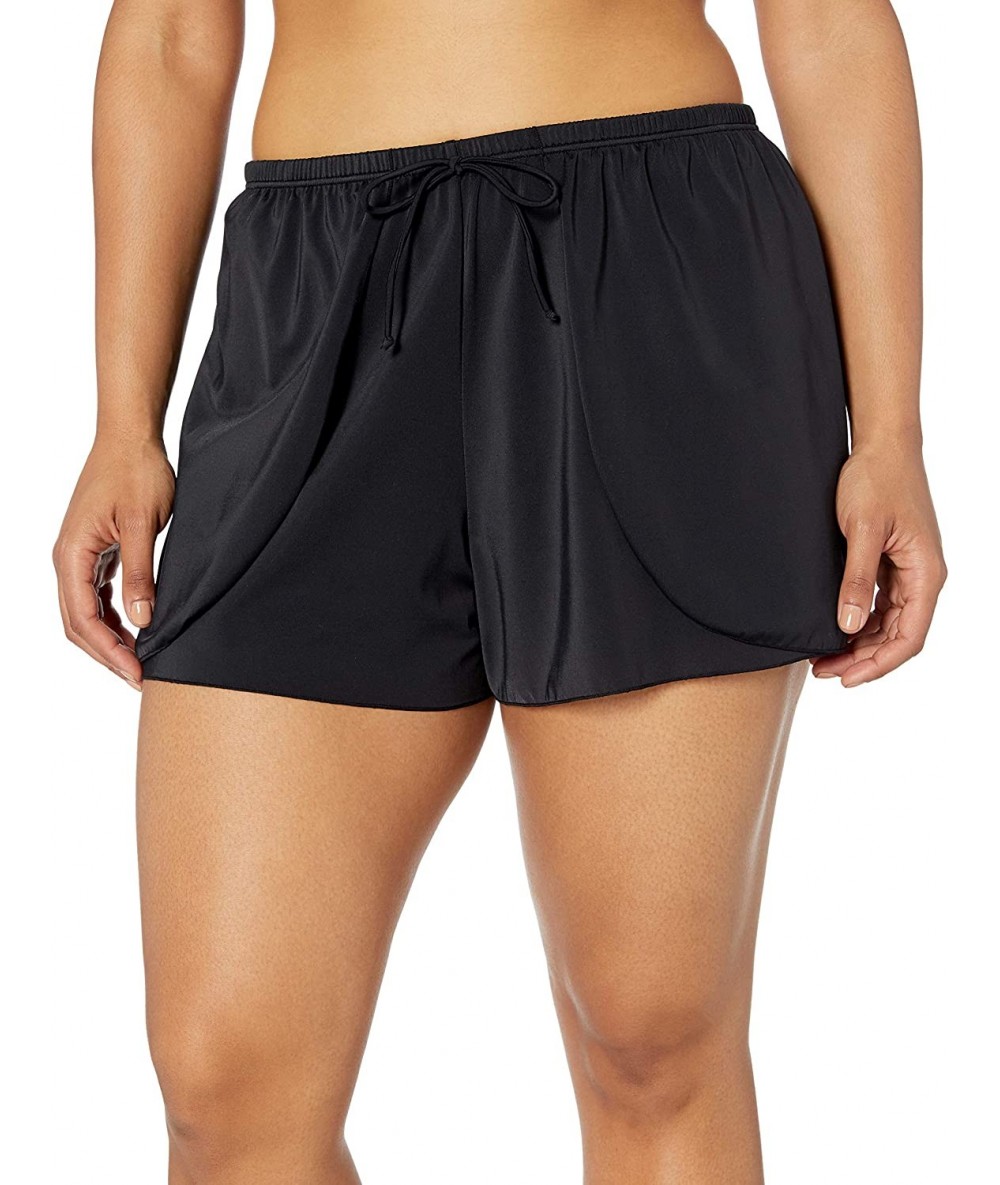 Bottoms Women's Plus Size Solid Drawstring Wrap Swim Short - Black - C018OEIKML9 $30.03