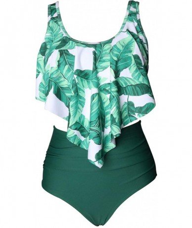 Sets Women's High Neck Two Piece Bathing Suits Top Ruffled High Waist Swimsuit Tankini Bikini Sets - Green-leaves C - CL18RK6...