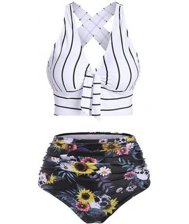 Sets Women's Striped Sunflower Print Push-Up Padded Plus Size Overlay Bikini Swimsuit Beachwear - E White - C3190L4GM32 $31.09