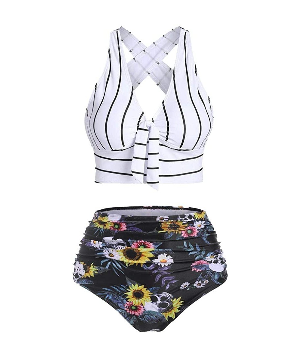 Sets Women's Striped Sunflower Print Push-Up Padded Plus Size Overlay Bikini Swimsuit Beachwear - E White - C3190L4GM32 $31.09