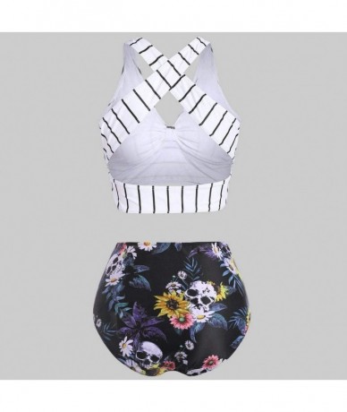 Sets Women's Striped Sunflower Print Push-Up Padded Plus Size Overlay Bikini Swimsuit Beachwear - E White - C3190L4GM32 $31.09