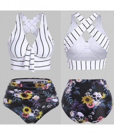 Sets Women's Striped Sunflower Print Push-Up Padded Plus Size Overlay Bikini Swimsuit Beachwear - E White - C3190L4GM32 $31.09