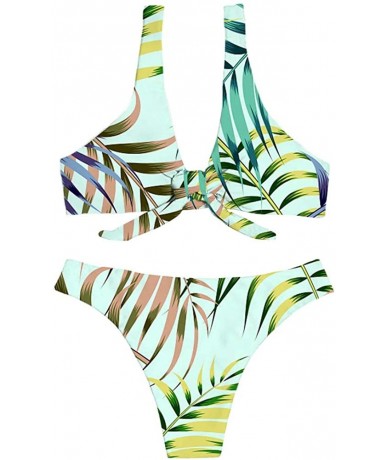 Sets Womens 2 Pices Bikini Sets Print Tie Knot Front High Waist Thong Bandage Bathing Suits - Leaves - CC18RQ0RNAK $58.64