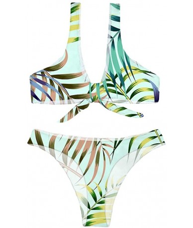 Sets Womens 2 Pices Bikini Sets Print Tie Knot Front High Waist Thong Bandage Bathing Suits - Leaves - CC18RQ0RNAK $58.64