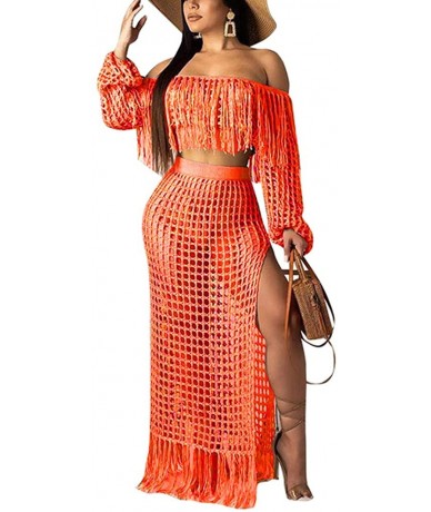 Cover-Ups Women's Sexy Rainbow Fishnet Dress - Hollow Out Knitted See Through Mesh Swimwear Dress High Slit Crochet Bikini Co...