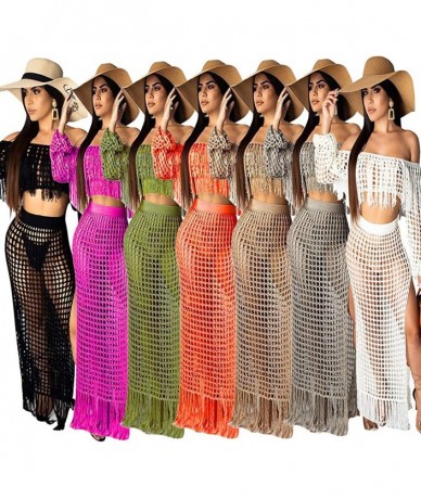 Cover-Ups Women's Sexy Rainbow Fishnet Dress - Hollow Out Knitted See Through Mesh Swimwear Dress High Slit Crochet Bikini Co...