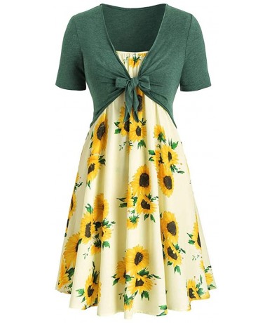 Cover-Ups Women's Short Sleeve Bow Knot Cover Up Tops Sunflower Print Midi Dress - Green Yellow - C918RLDN96G $31.75