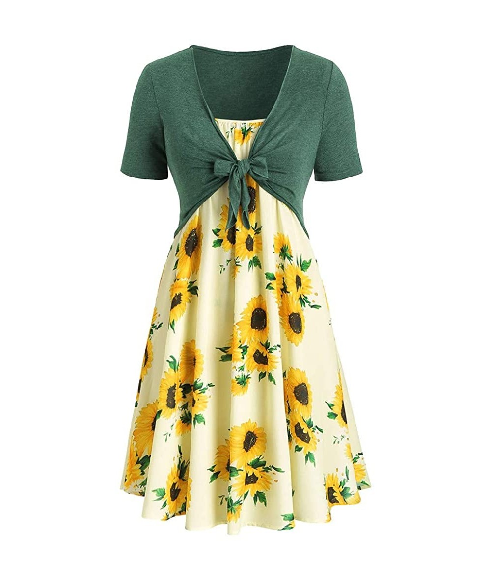 Cover-Ups Women's Short Sleeve Bow Knot Cover Up Tops Sunflower Print Midi Dress - Green Yellow - C918RLDN96G $31.75