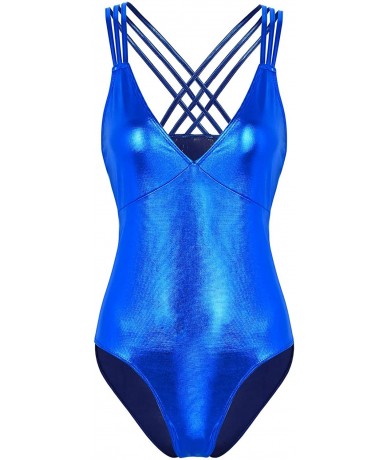 Sets Women's Shiny Metallic PVC Leather High Cut Legs Leotard Bikini Swimsuit - Blue - C118T4X5E83 $38.39