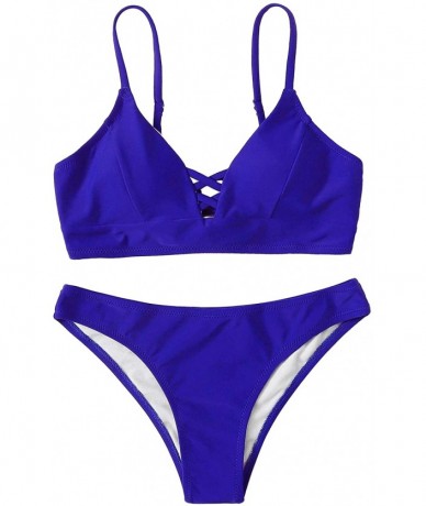 Tops Women's Solid Criss Cross Tie Back Bra and Throng Bikini - Blue - CU192AOWXOH $31.83