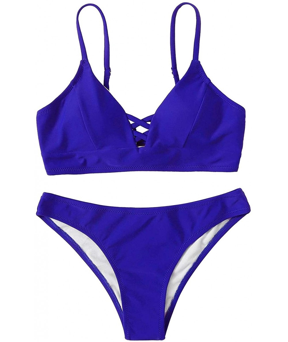 Tops Women's Solid Criss Cross Tie Back Bra and Throng Bikini - Blue - CU192AOWXOH $31.83