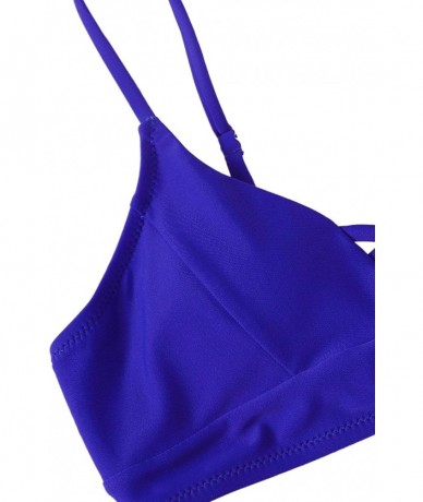 Tops Women's Solid Criss Cross Tie Back Bra and Throng Bikini - Blue - CU192AOWXOH $31.83