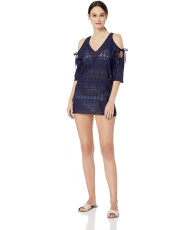 Cover-Ups Women's Crochet Off The Shoulder Tunic Cover Up - In First Lace Solid Navy - C418K2XRDU8 $84.72