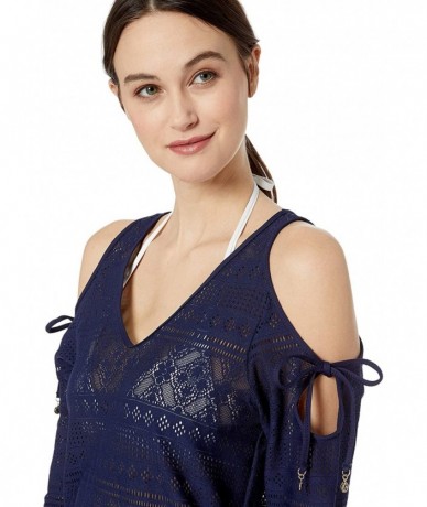 Cover-Ups Women's Crochet Off The Shoulder Tunic Cover Up - In First Lace Solid Navy - C418K2XRDU8 $84.72