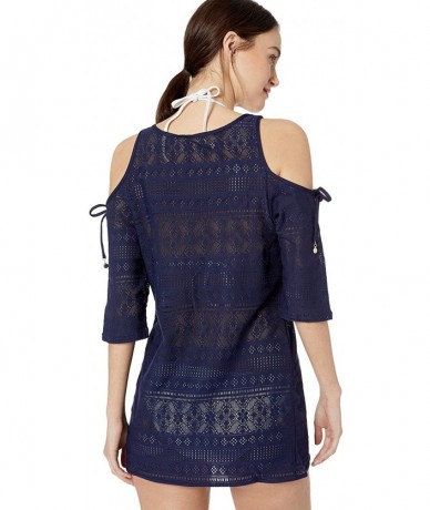 Cover-Ups Women's Crochet Off The Shoulder Tunic Cover Up - In First Lace Solid Navy - C418K2XRDU8 $84.72