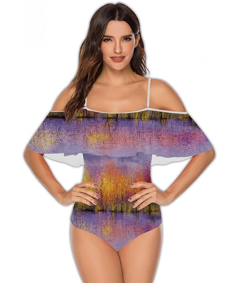 One-Pieces Art Deco Seamless Pattern with 4 Colours - Women Off Shoulder Ruffle Swimwear S - Multi 09 - C2199E36W3Q $74.42