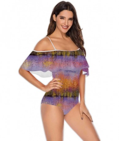 One-Pieces Art Deco Seamless Pattern with 4 Colours - Women Off Shoulder Ruffle Swimwear S - Multi 09 - C2199E36W3Q $74.42