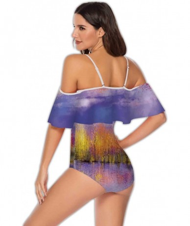 One-Pieces Art Deco Seamless Pattern with 4 Colours - Women Off Shoulder Ruffle Swimwear S - Multi 09 - C2199E36W3Q $74.42