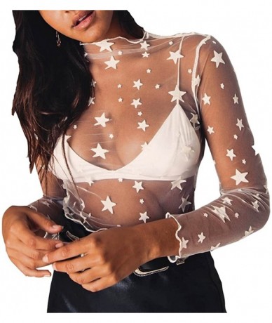 Tops Crop Tops for Women Sexy Sheer Top Cover Up Swim Beach Mesh Top with Stars - White2 - CD18RZAY3EK $27.68