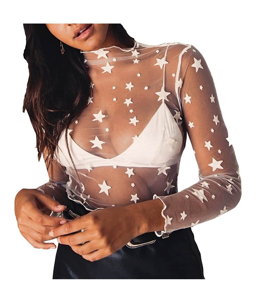 Tops Crop Tops for Women Sexy Sheer Top Cover Up Swim Beach Mesh Top with Stars - White2 - CD18RZAY3EK $27.68