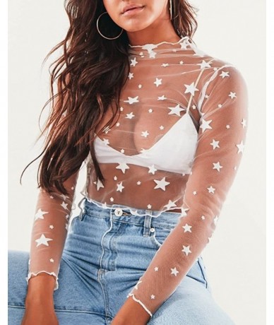 Tops Crop Tops for Women Sexy Sheer Top Cover Up Swim Beach Mesh Top with Stars - White2 - CD18RZAY3EK $27.68