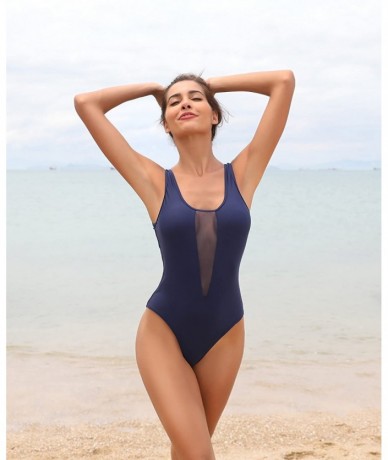 One-Pieces Women's Retro High Cut Low Back Brazilian Bikini One Piece Swimsuits - Charming Blue - D - C818DRKL6DR $31.95