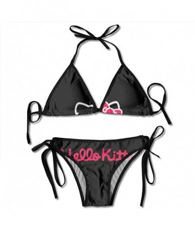 Sets Women Solid Bikini Set Push-up Unpadded Bra Swimsuit Swimwear Black and Pink Hello Kitty Triangle Bather Suit Swimming S...