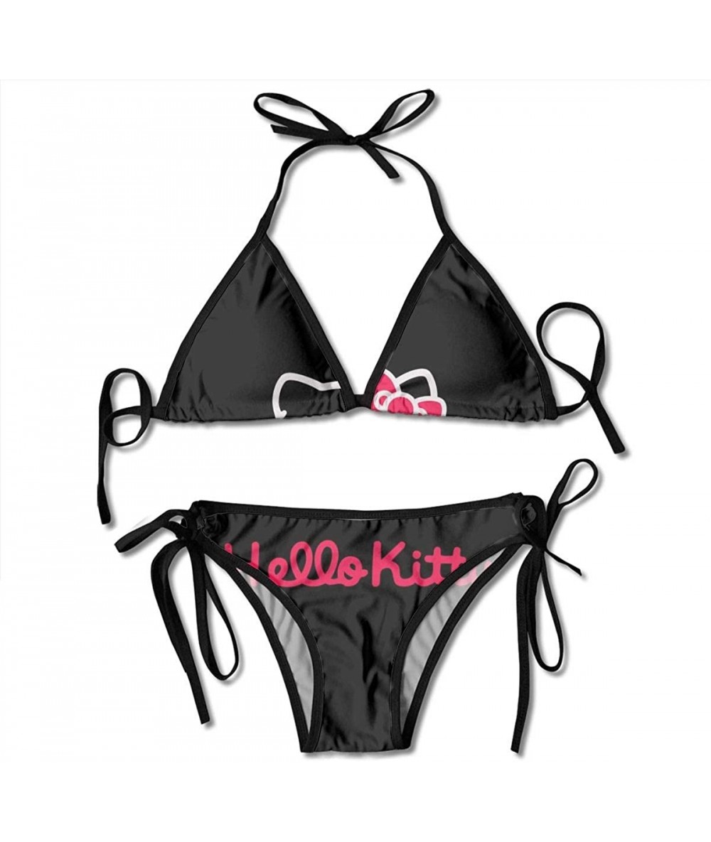 Sets Women Solid Bikini Set Push-up Unpadded Bra Swimsuit Swimwear Black and Pink Hello Kitty Triangle Bather Suit Swimming S...