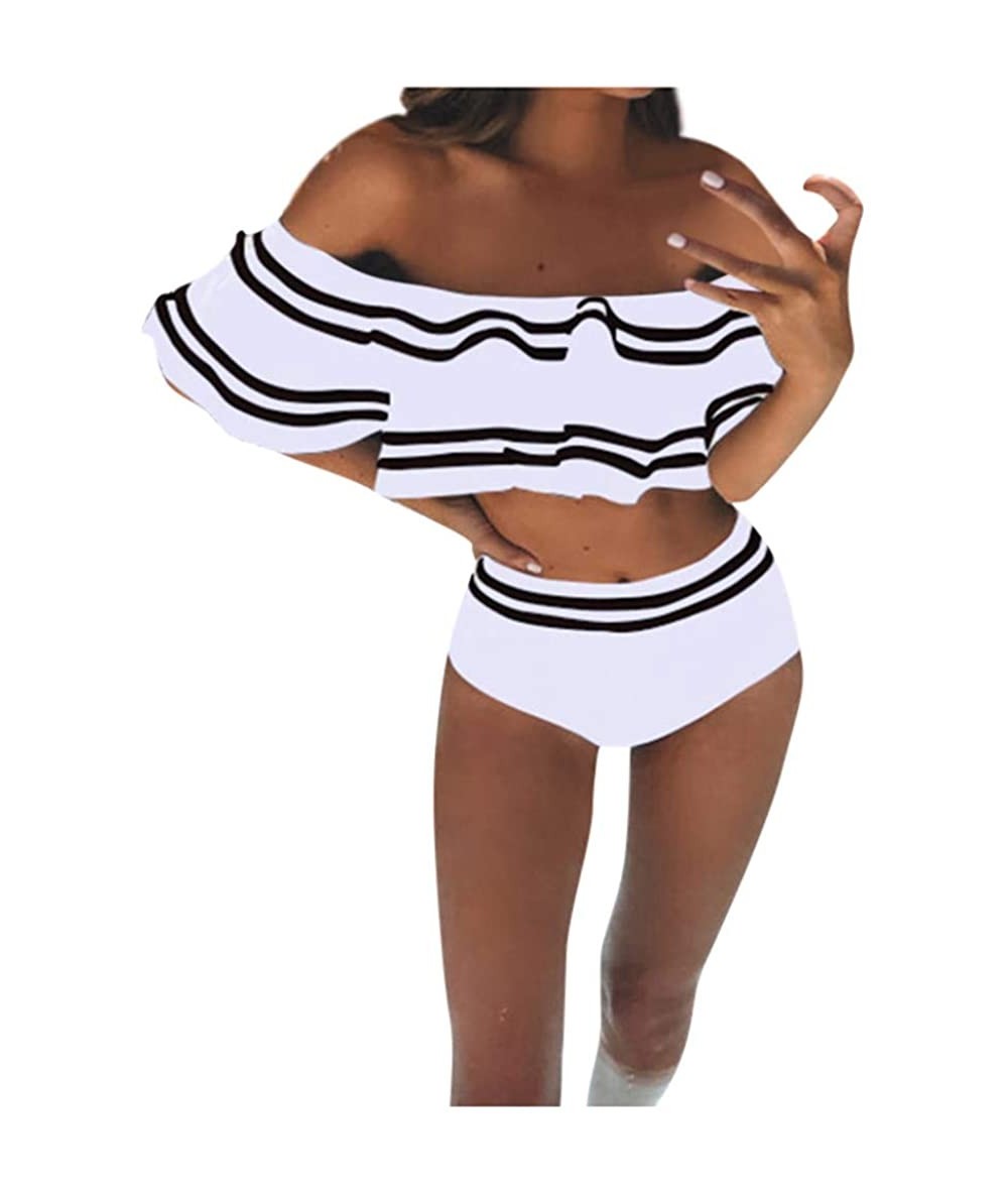 Sets Women Two Piece Swimsuit High Waisted Bathing Suit Off Shoulder Ruffled Bikini Set - White - C7195XWYA2W $33.28