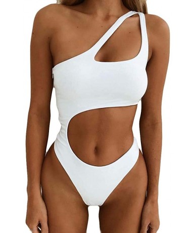 One-Pieces Women's One Shoulder Hollow Out Bikini Fitness One Piece Sexy Swimsuit High Cut Bathing Suit - White - CQ1966KN76R...