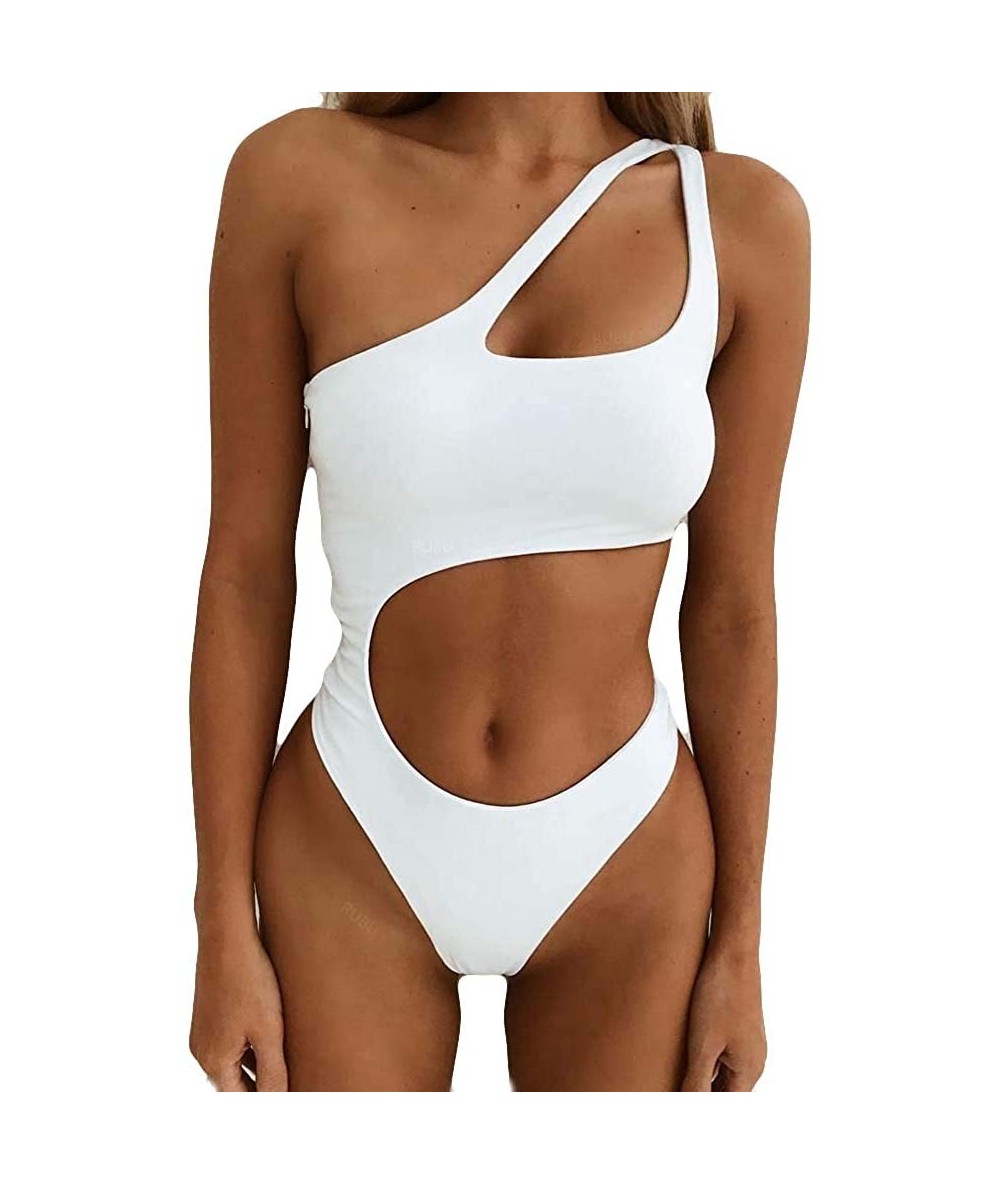 One-Pieces Women's One Shoulder Hollow Out Bikini Fitness One Piece Sexy Swimsuit High Cut Bathing Suit - White - CQ1966KN76R...