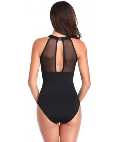 One-Pieces Swimsuits for Women One Piece Monokini High Neck V-Neckline Mesh Ruched Bathing Suits (S-XL) - Black - CH18R8I3X89...