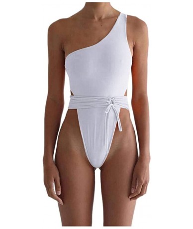 Racing Women Swimsuit One Shoulder Tankini Backless Bandage High Cut Triangle One - White - C61946780YW $26.11