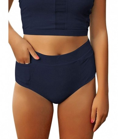 Bottoms Womens High Waisted Elastic Panel Bikini Tankini Swimsuit Bottom Briefs - S Navy Blue - C91966DTIMM $49.50