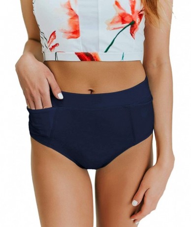 Bottoms Womens High Waisted Elastic Panel Bikini Tankini Swimsuit Bottom Briefs - S Navy Blue - C91966DTIMM $49.50