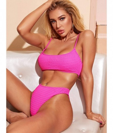 Sets Women's 2 Piece Colorblock Cami Top and High Waist Bikini Swimsuit - Hot Pink - CP190R08IMS $41.25