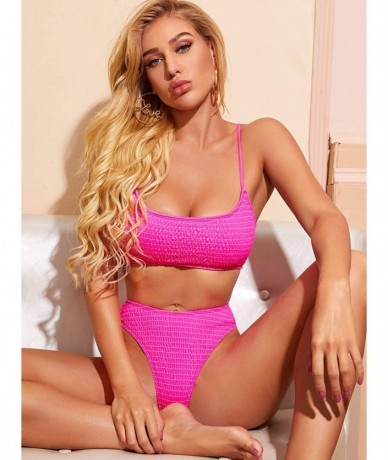 Sets Women's 2 Piece Colorblock Cami Top and High Waist Bikini Swimsuit - Hot Pink - CP190R08IMS $41.25