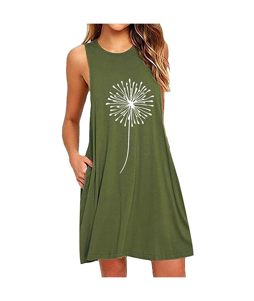 Cover-Ups Women Summer Casual T Shirt Dresses Beach Cover up Tank Dress Daisy Printing Sleeveless A-Line Casual Dress - Army ...