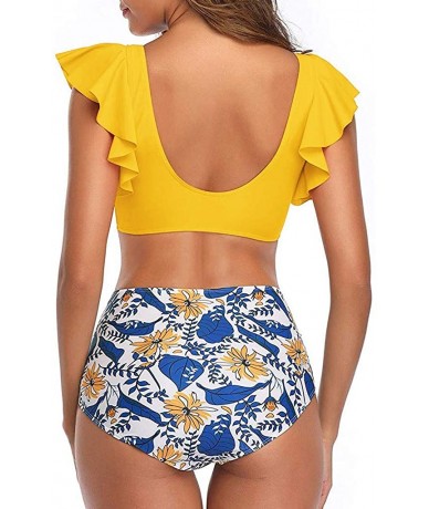 Racing Women Two Piece High Waisted Swimsuit Ruffled V Neck Top with Ruched Tummy Control Flounce Bikini Bottom Swimwear - Ye...