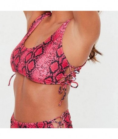 Sets Two Piece High Waisted Swimsuits for Women Snake Skin Bandeau Bikini Back Bandage - Red - CL18S27M7ZI $30.42