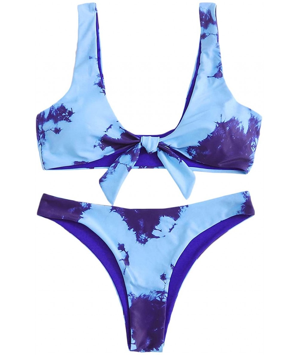 Sets Women's Sexy Bikini Swimsuit Tie Knot Front Leopard Print Swimwear Set - Blue-1 - CF19EUHX0NE $45.43