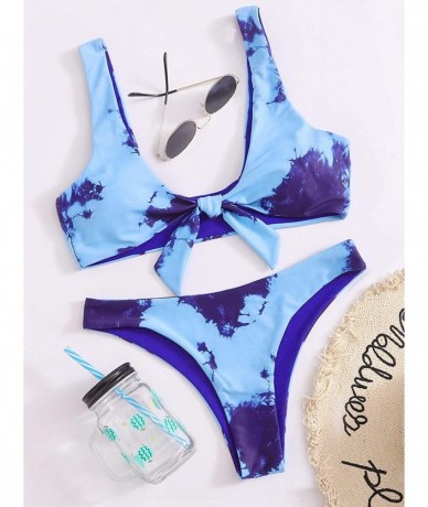 Sets Women's Sexy Bikini Swimsuit Tie Knot Front Leopard Print Swimwear Set - Blue-1 - CF19EUHX0NE $45.43