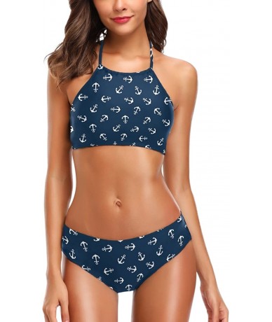 Sets Women's Chic Summer Hot 2 Piece Halter Neack High Waist Padded Sexy Swimsuit - Anchor - C418EUKS3AX $47.79