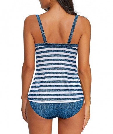 Sets Women's Ruched Wrap Front Tankini Set 2 Piece Swimsuit Beachwear - Striped Blue - C8198HGLDXU $46.47