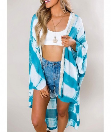 Cover-Ups Women's Tie Dye Striped Beach Cover Up Long Sleeve Front Open Casual Cardigan Kimono - Sky Blue - C119COCUKIL $38.23