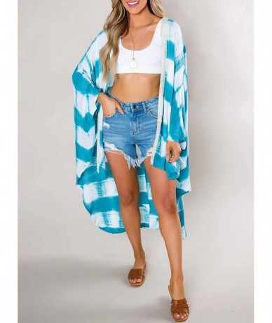 Cover-Ups Women's Tie Dye Striped Beach Cover Up Long Sleeve Front Open Casual Cardigan Kimono - Sky Blue - C119COCUKIL $38.23