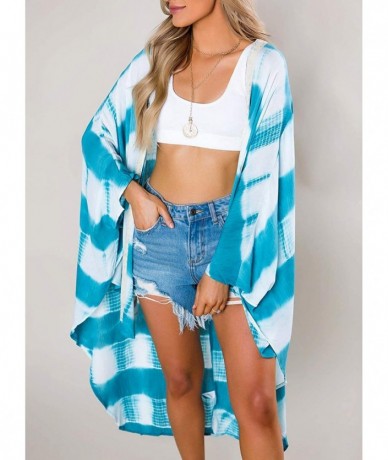 Cover-Ups Women's Tie Dye Striped Beach Cover Up Long Sleeve Front Open Casual Cardigan Kimono - Sky Blue - C119COCUKIL $38.23