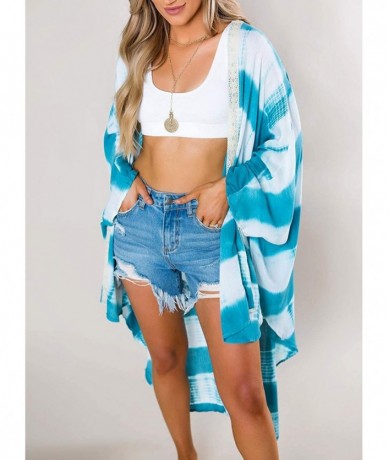 Cover-Ups Women's Tie Dye Striped Beach Cover Up Long Sleeve Front Open Casual Cardigan Kimono - Sky Blue - C119COCUKIL $38.23