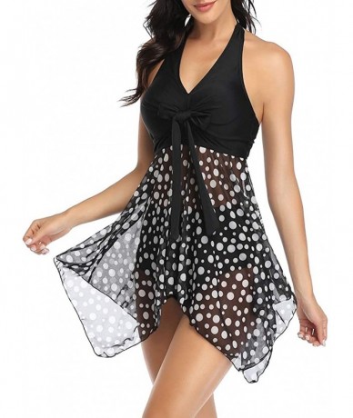 Tankinis Women Halter Plus Size Swimsuit Tankini Mesh Tummy Control Swimdress - Polka Dot Print - CP194MTCGGY $45.33