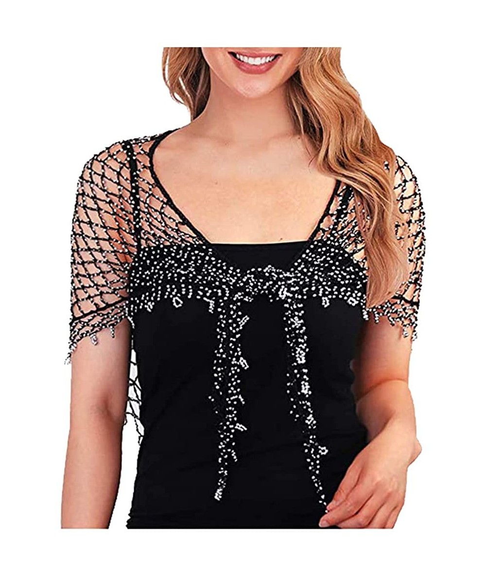 Cover-Ups Womens Crochet Knitted Beads Hollow Out Beach Sarong Wrap Cover Up Wedding Flapper Cape Shawl - Black - CS18RAK0MQK...